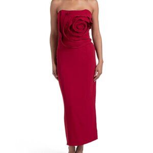 Dalia Macphee Red Strapless 3d Floral Midi Gown